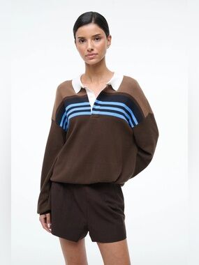 Staud Large Sail Top Earth Multi Stripe Cotton Knit Rugby Polo